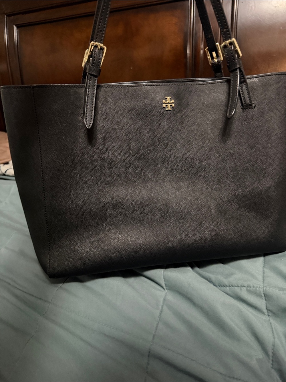 Tory Burch Black Saffiano Leather Shoulder Tote with Gold Logo